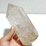 4 Pieces Large Clear Quartz Point With Rainbow Raw Bottom With Stand 3 - Wholesale Crystals