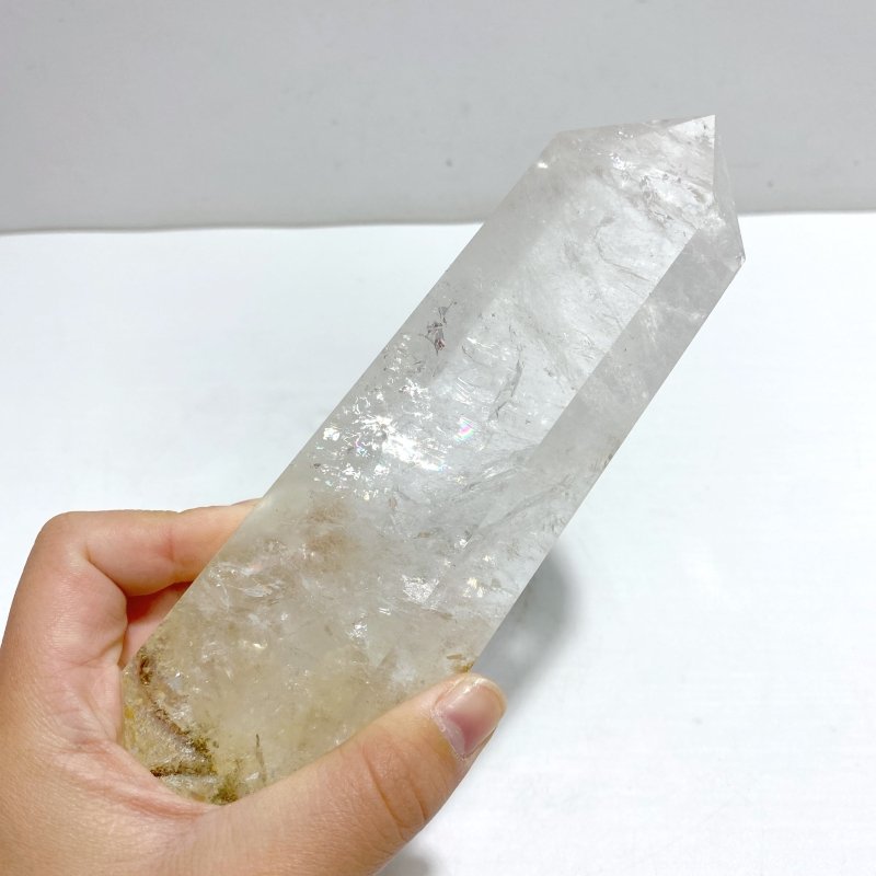 4 Pieces Large Clear Quartz Point With Rainbow Raw Bottom With Stand 4 - Wholesale Crystals