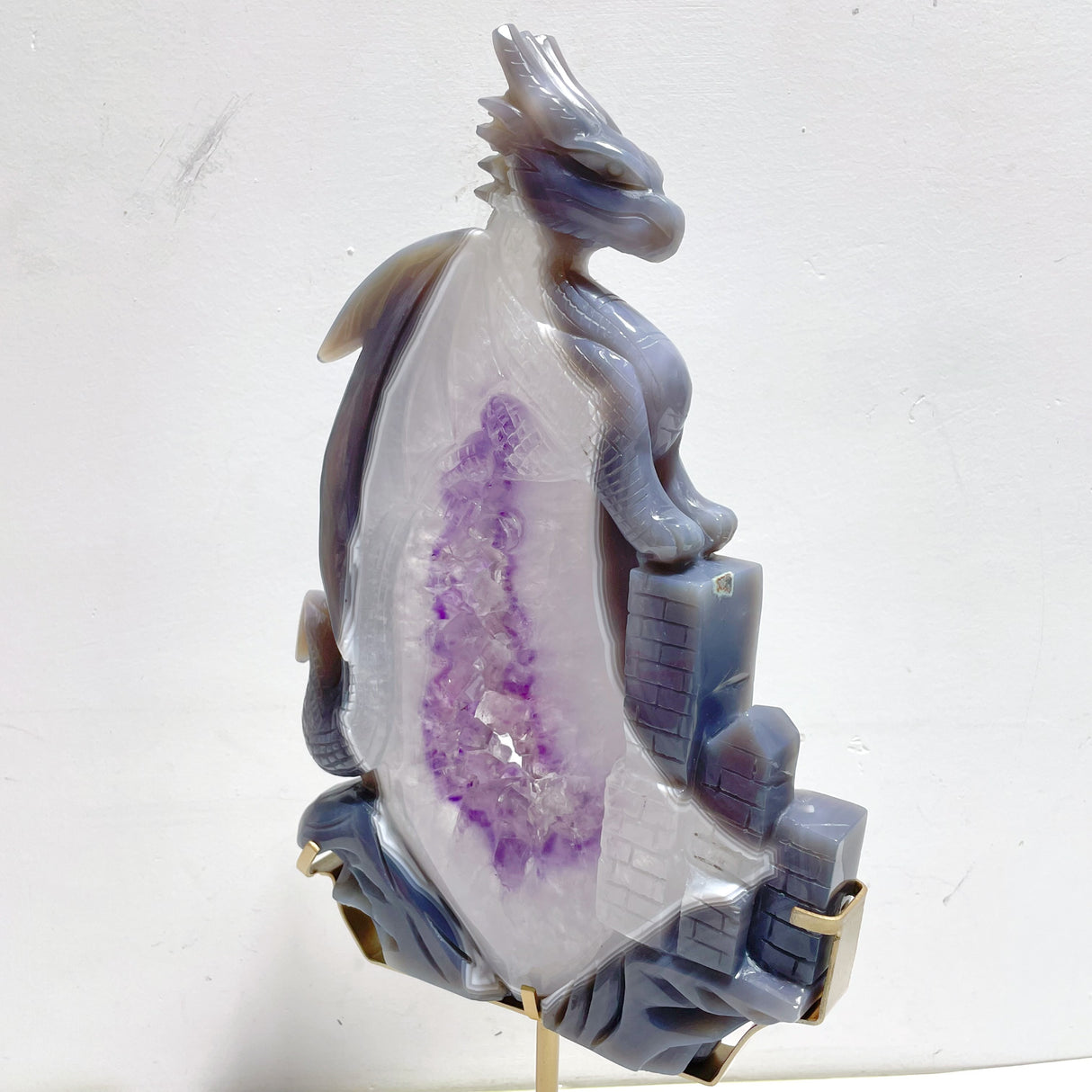 Unique Large Amethyst Mixed Geode Druzy Agate Flying Dragon Castle Carving With Stand