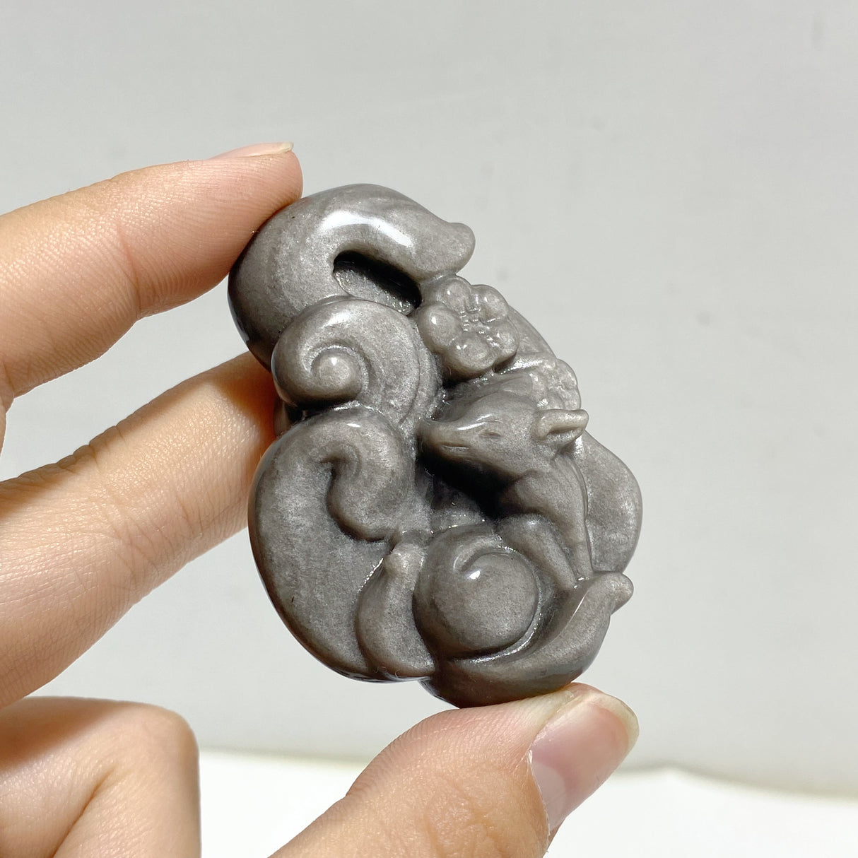 Silver Sheen Obsidian Nine-tailed Fox Carving Wholesale