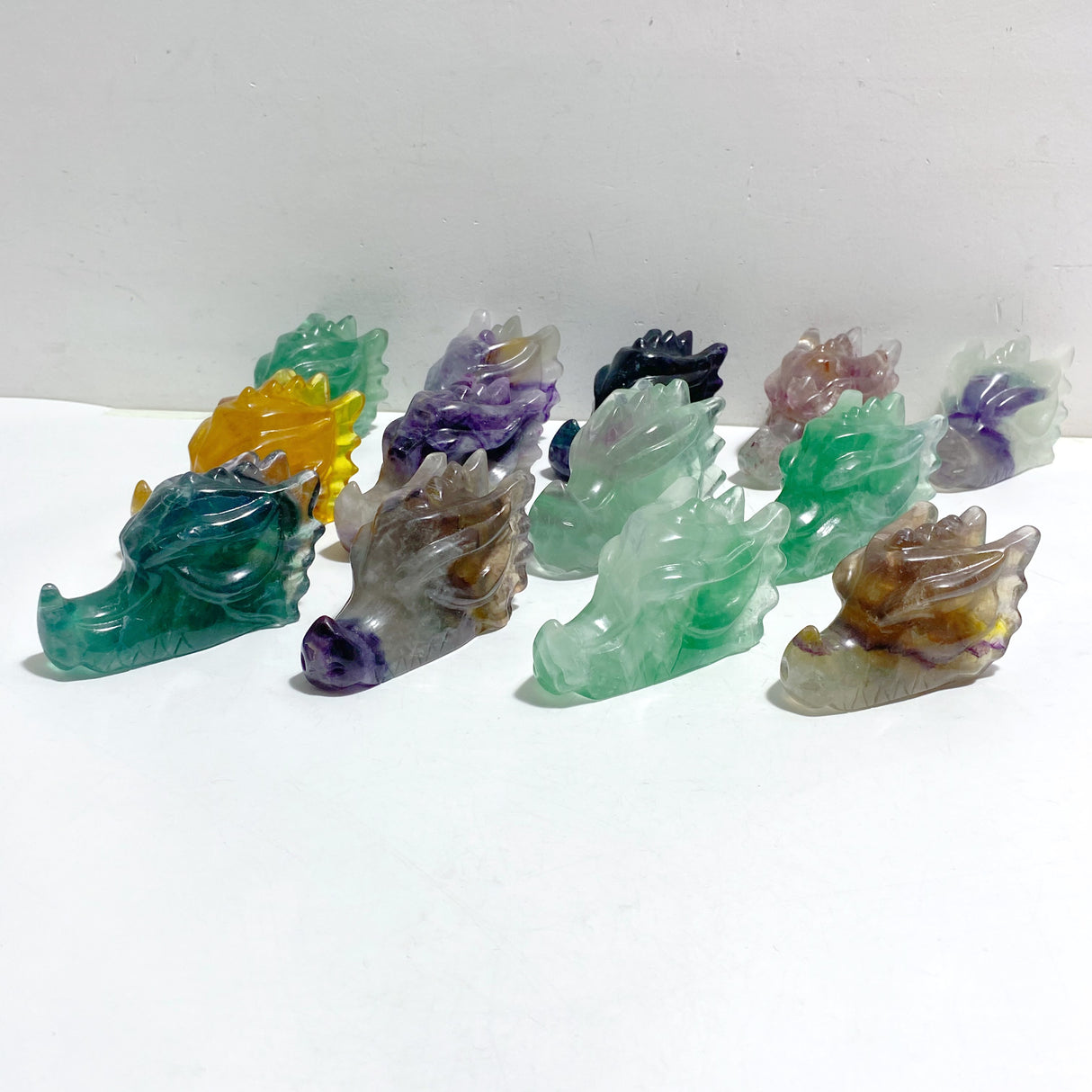 13 Pieces Rainbow Fluorite Dragon Head Carving