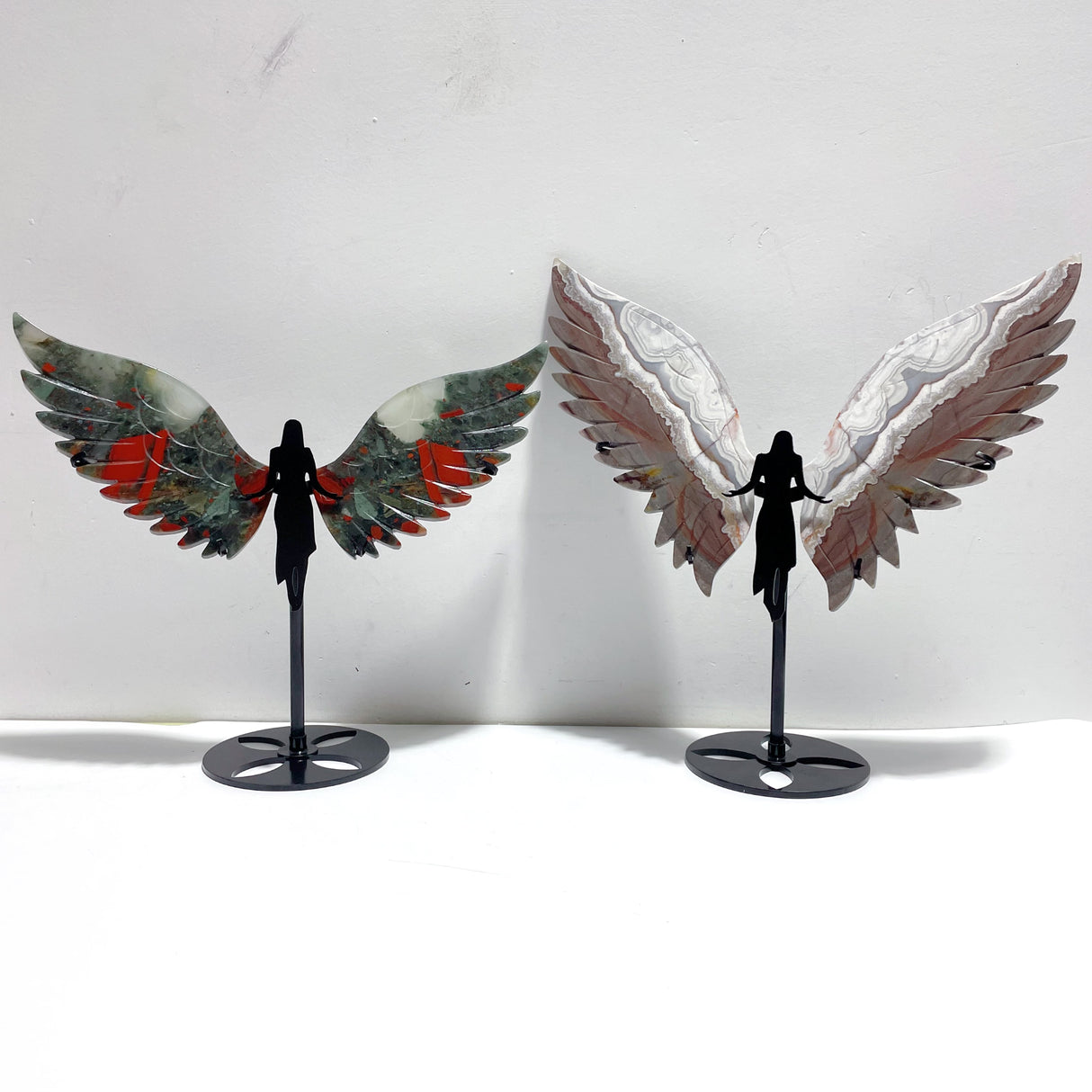 2 Pairs Angel Wing Carving With Stand Africa Blood Stone Morocco Agate