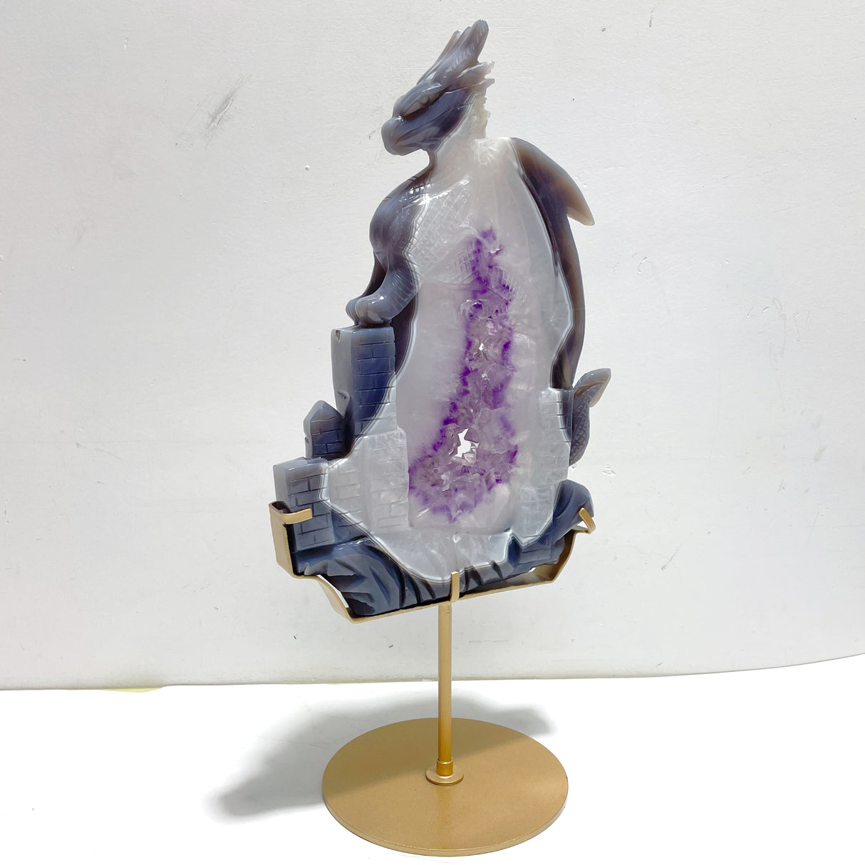 Unique Large Amethyst Mixed Geode Druzy Agate Flying Dragon Castle Carving With Stand