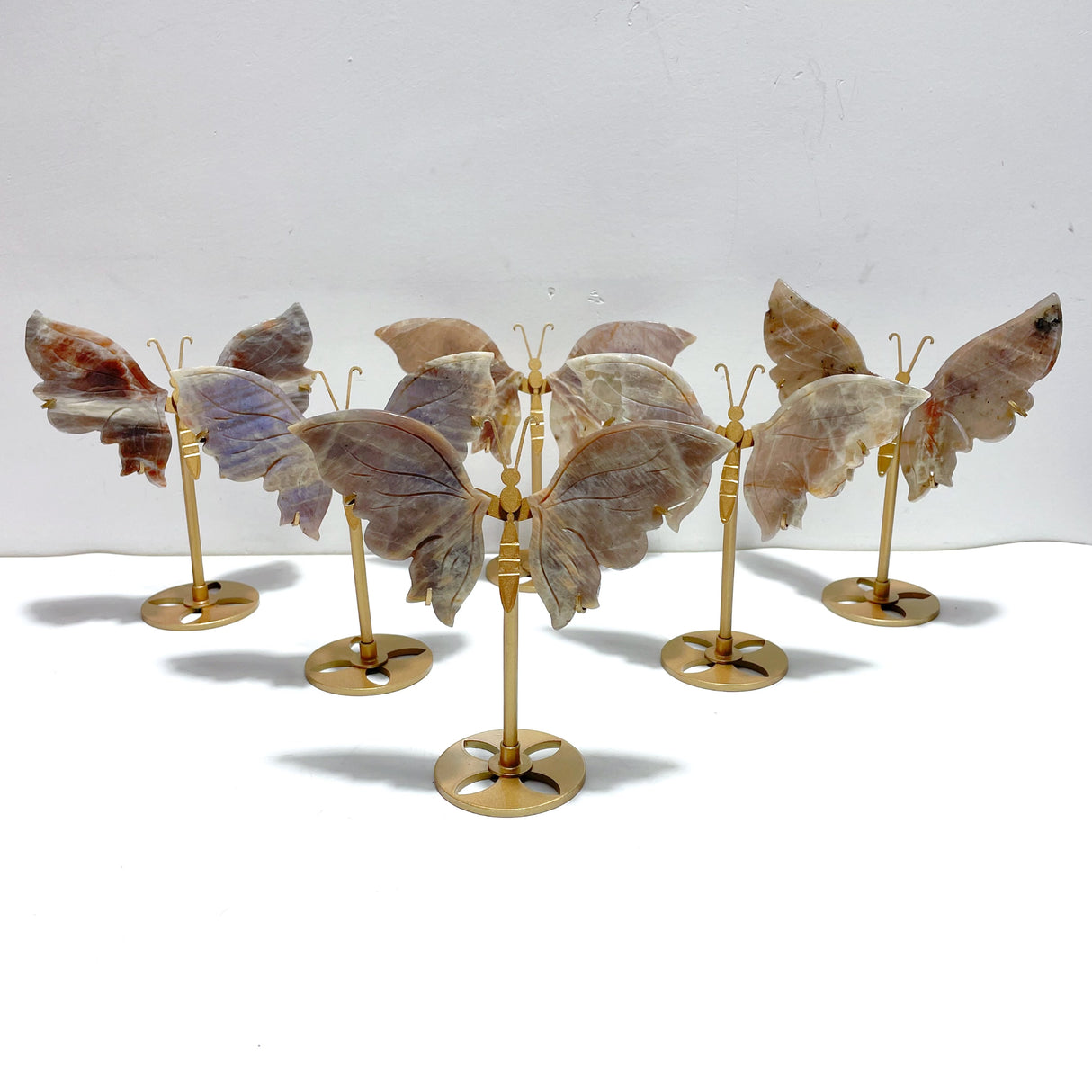 6 Pairs Sunstone Mixed Moonstone Butterfly Wing Carving With Stand