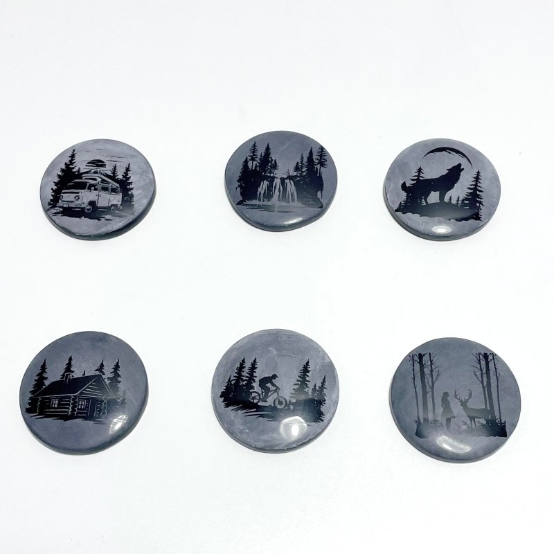 4cm Black Obsidian Forest Landscape Engraved Round Slices DIY Wholesale - Wholesale Crystals