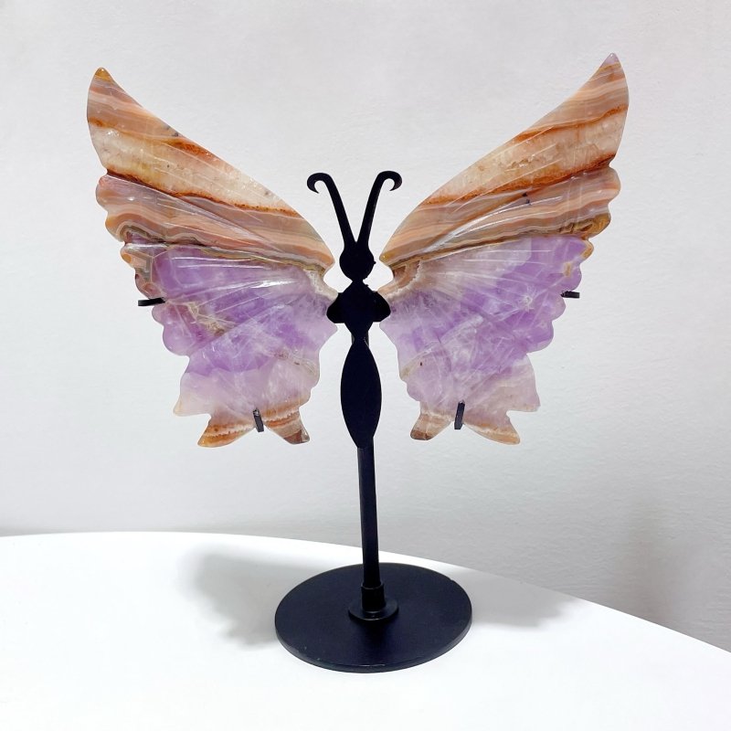 5 Pairs Amethyst Mixed Stripe Agate Butterfly Wing Carving With Stand - Wholesale Crystals