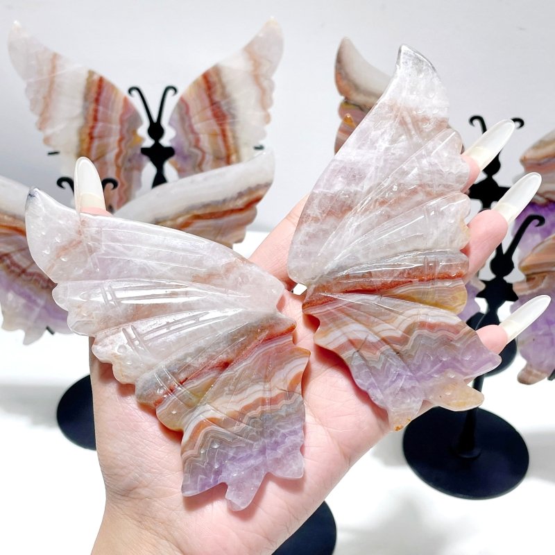 5 Pairs Amethyst Mixed Stripe Agate Butterfly Wing Carving With Stand - Wholesale Crystals