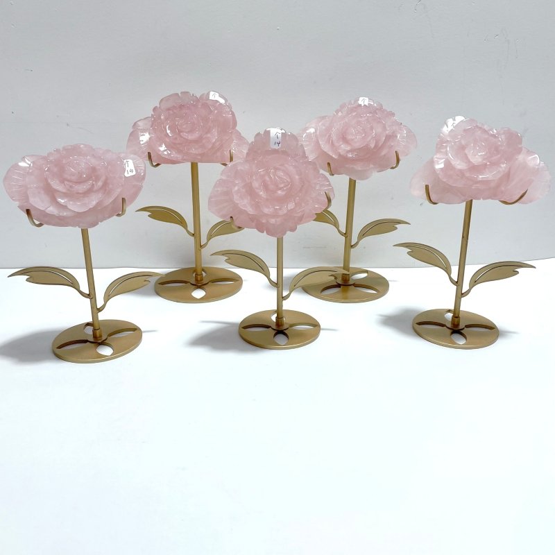5 Pairs Beautiful Rose Quartz Flower Carving With Stand - Wholesale Crystals
