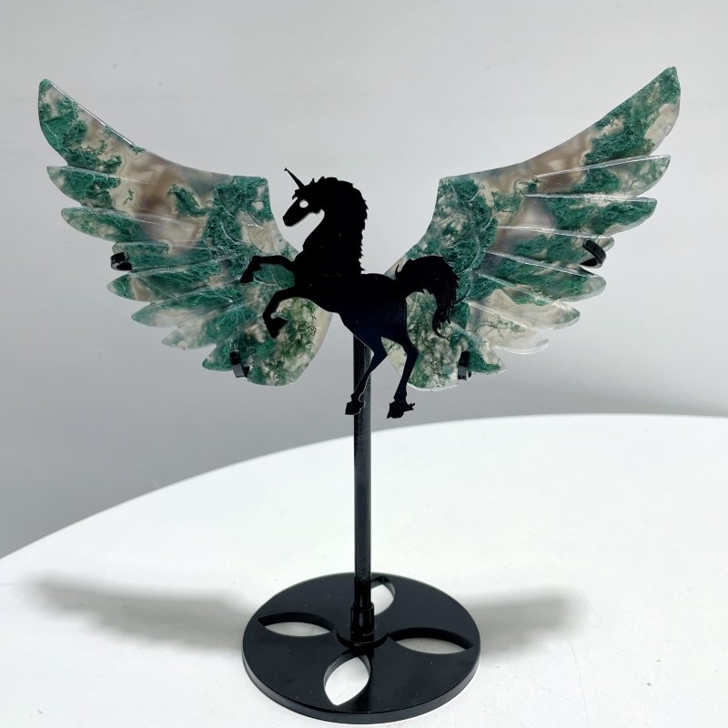 5 Pairs Moss Agate Pegasus Wing Carving With Stand - Wholesale Crystals