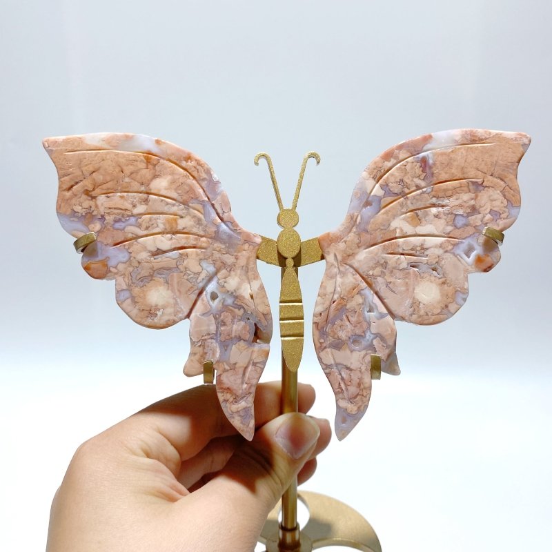 5 Pairs Pink Agate Butterfly Wing Carving With Stand - Wholesale Crystals
