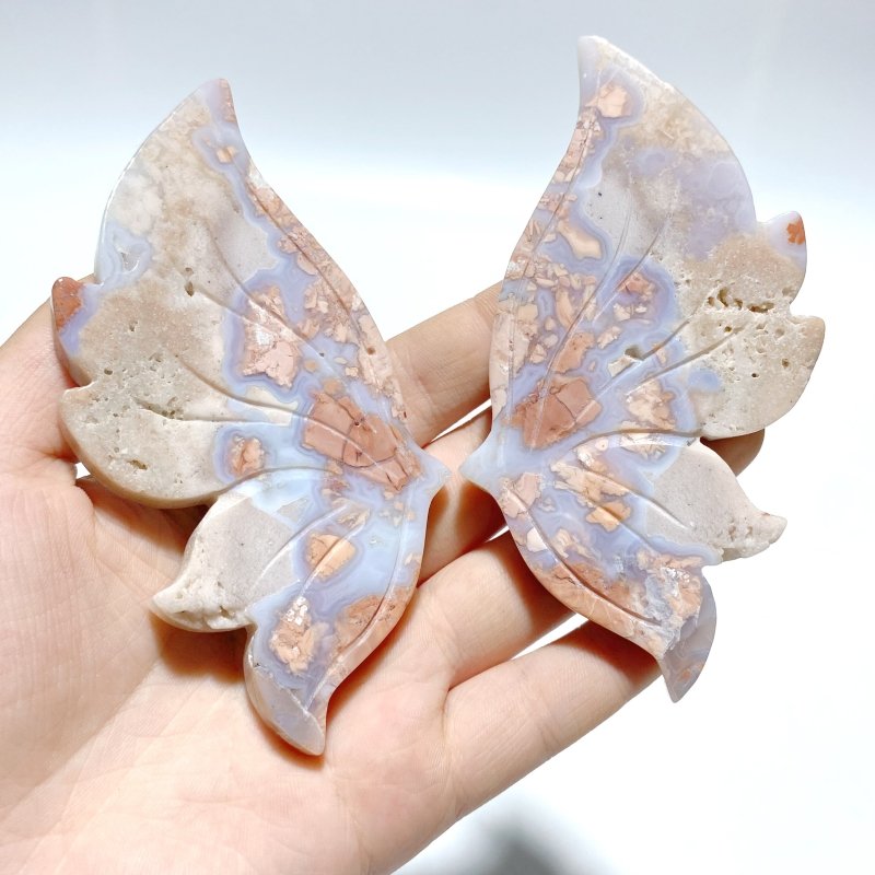 5 Pairs Pink Agate Butterfly Wing Carving With Stand - Wholesale Crystals