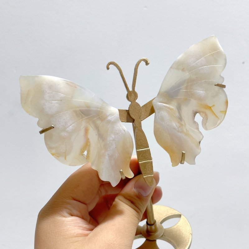 5 Pairs Sakura Flower Agate Butterfly Wing Carving With Stand - Wholesale Crystals