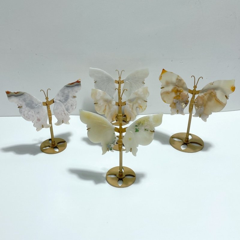 5 Pairs Sakura Flower Agate Butterfly Wing Carving With Stand - Wholesale Crystals