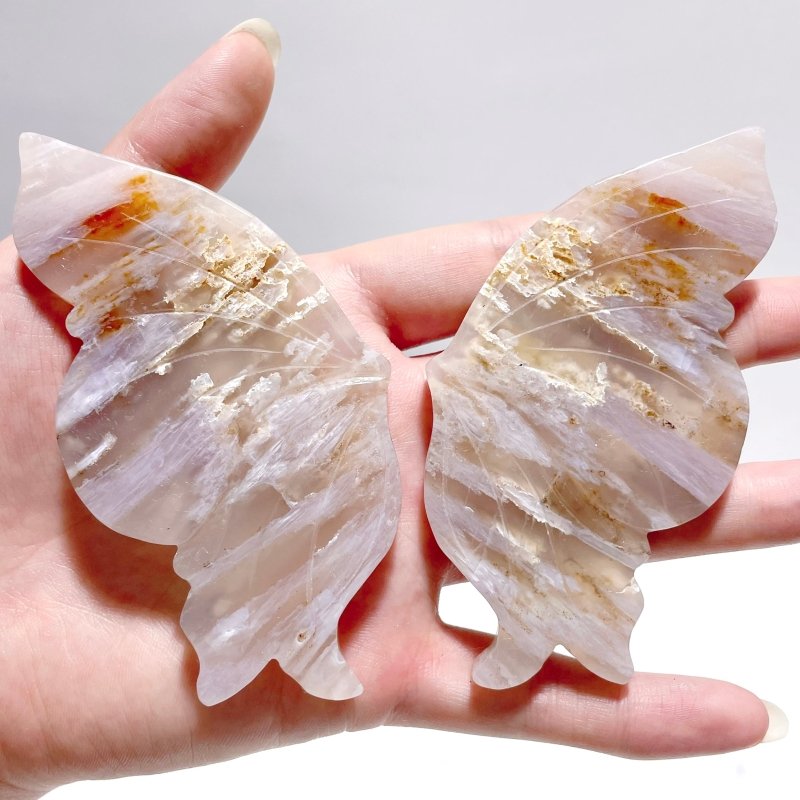 5 Pairs Sakura Flower Agate Butterfly Wing Carving With Stand - Wholesale Crystals