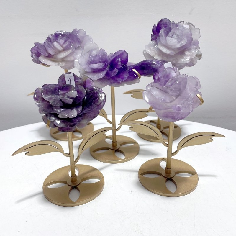 5 Pairs Unique Amethyst Flower Carving With Stand - Wholesale Crystals