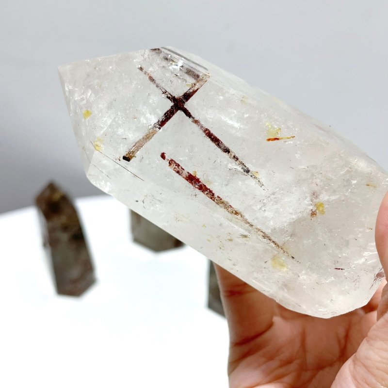 5 Pieces Clear Quartz With Tourmaline Inclusion Polished Tower - Wholesale Crystals