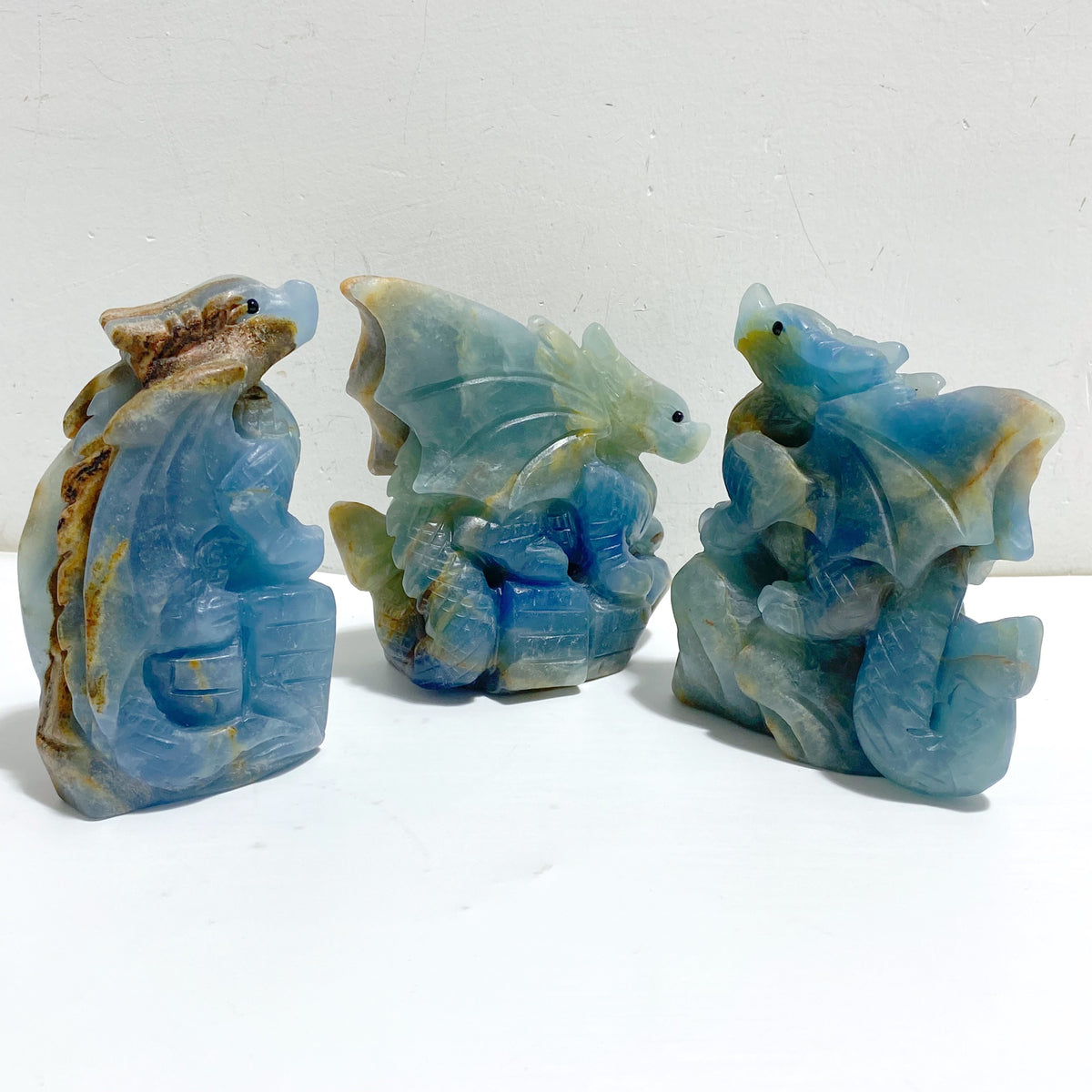 3 Pieces Blue Onyx Flying Dragon Castle Carving(Defect)