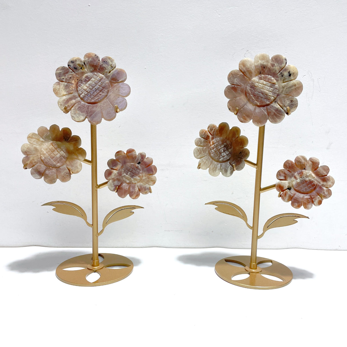 2 Pairs Sunstone Mixed Moonstone Sunflower Carving With Stand