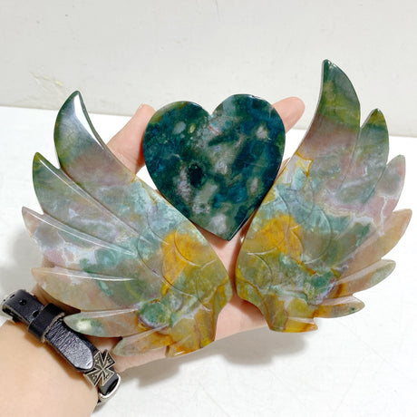 Ocean Jasper Heart Wing Carving With Stand