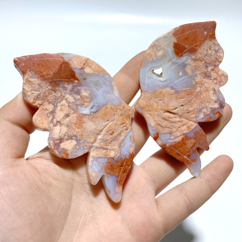 6 Pairs Pink Agate Butterfly Wing Carving With Stand - Wholesale Crystals