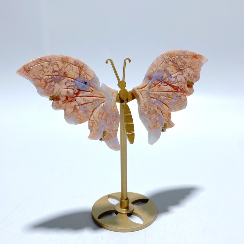 6 Pairs Pink Agate Butterfly Wing Carving With Stand - Wholesale Crystals