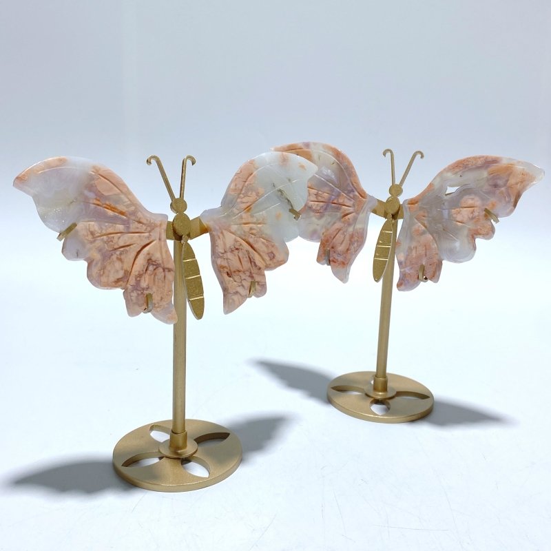6 Pairs Pink Agate Butterfly Wing Carving With Stand - Wholesale Crystals