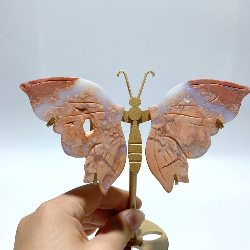 6 Pairs Pink Agate Butterfly Wing Carving With Stand - Wholesale Crystals