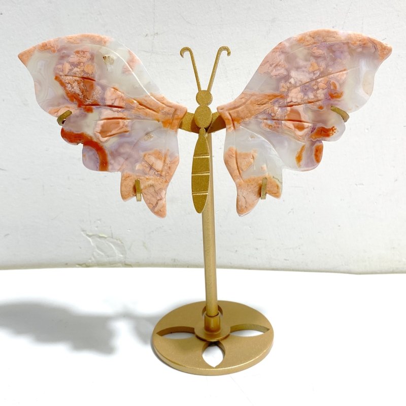 6 Pairs Pink Agate Butterfly Wing Carving With Stand -Wholesale Crystals