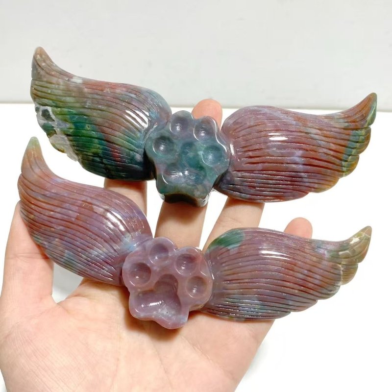 6 Pairs Unique Ocean Jasper Cat Paws Wing Carving With Stand - Wholesale Crystals
