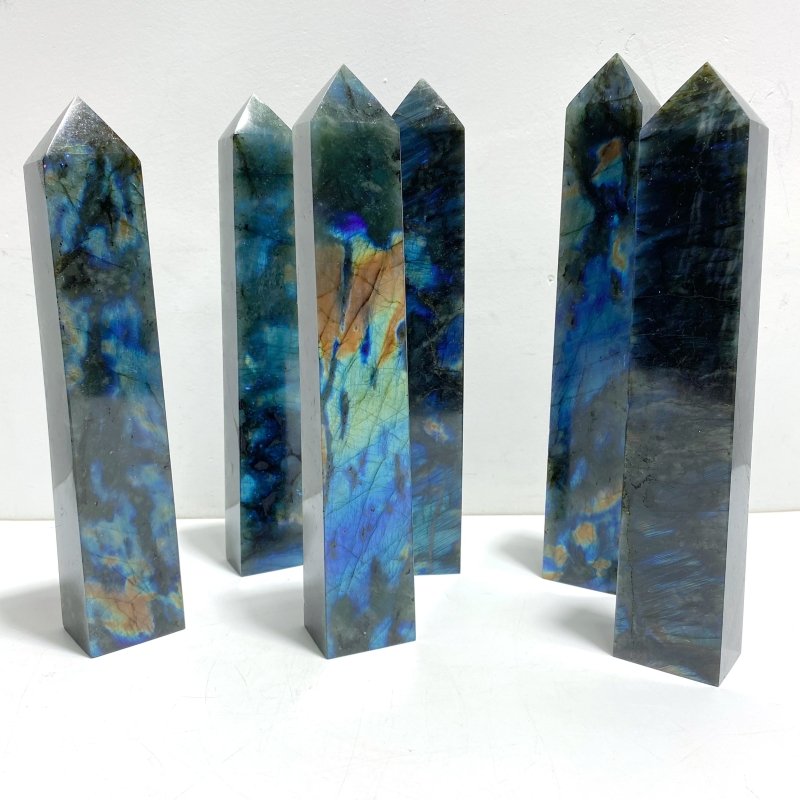 6 Pieces Beautiful Flash Labradorite Four - sided Tower Point - Wholesale Crystals