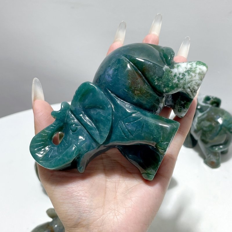 6 Pieces Beautiful Moss Agate Elephant Carving - Wholesale Crystals