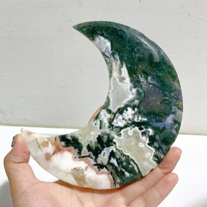 6 Pieces Large Geode Green & Pink Moss Agate Moon With Stand Home Decor -Wholesale Crystals