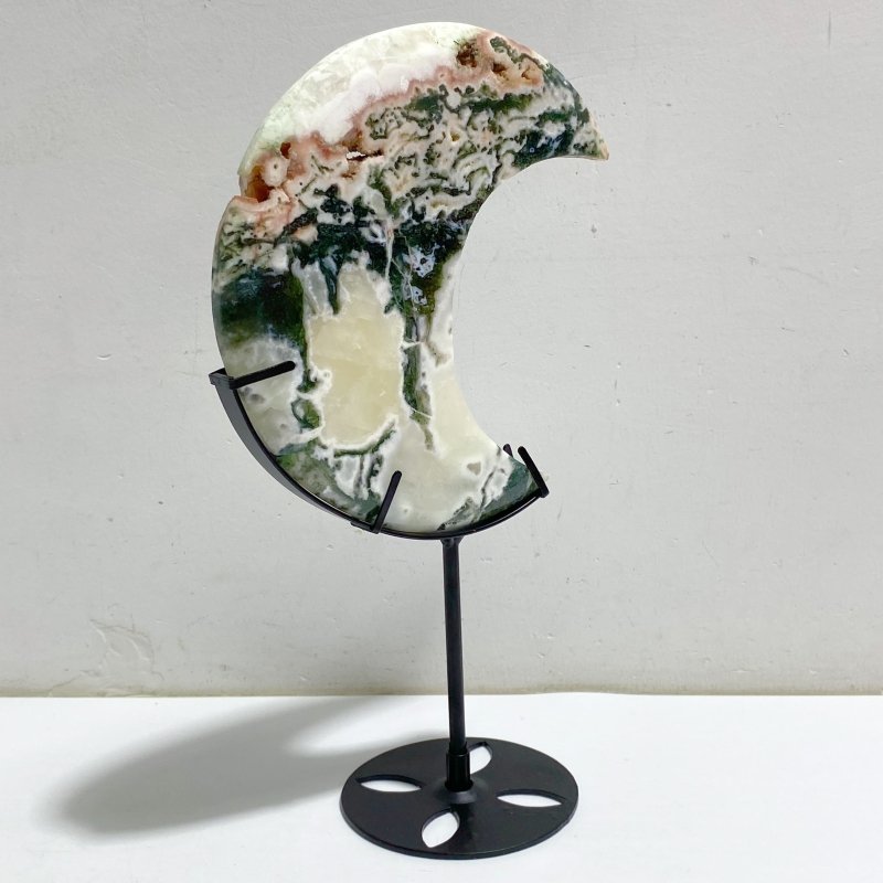 6 Pieces Large Geode Green & Pink Moss Agate Moon With Stand Home Decor -Wholesale Crystals