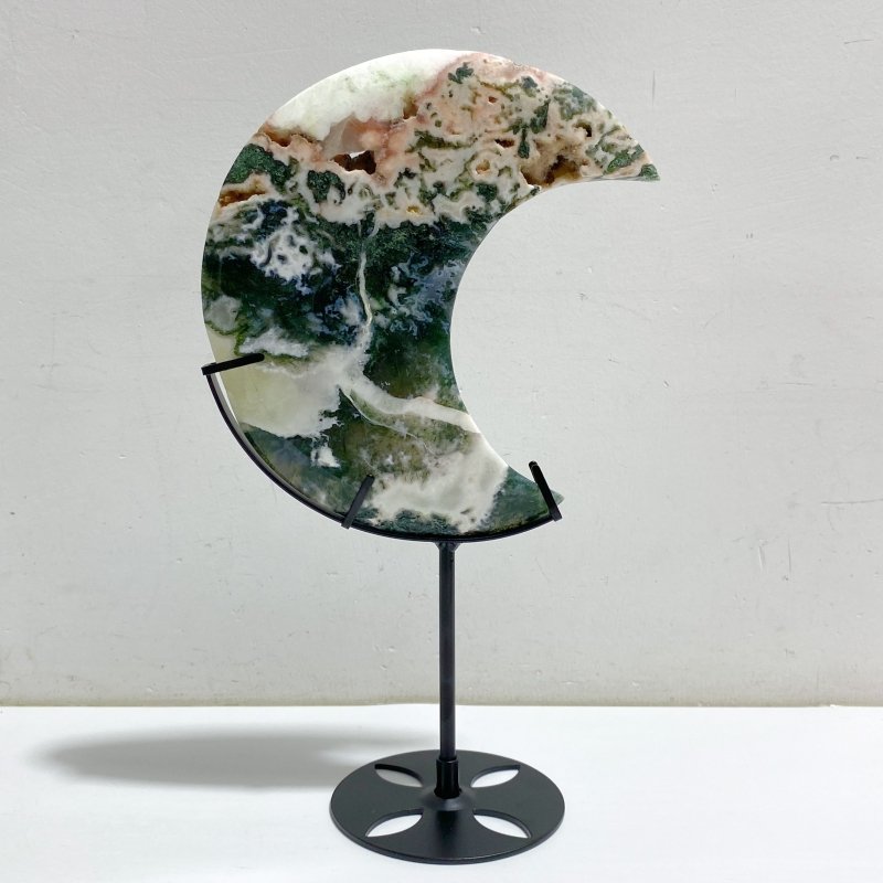6 Pieces Large Geode Green & Pink Moss Agate Moon With Stand Home Decor -Wholesale Crystals