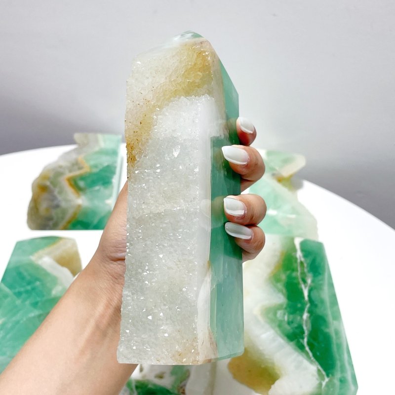 6 Pieces Large Green Fluorite Druzy Geode Tower Points - Wholesale Crystals