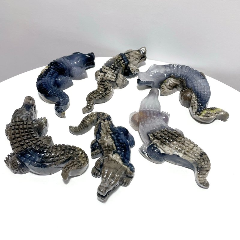 6 Pieces Large Volcanic Agate Crocodile Carving(UV - Reactive) - Wholesale Crystals