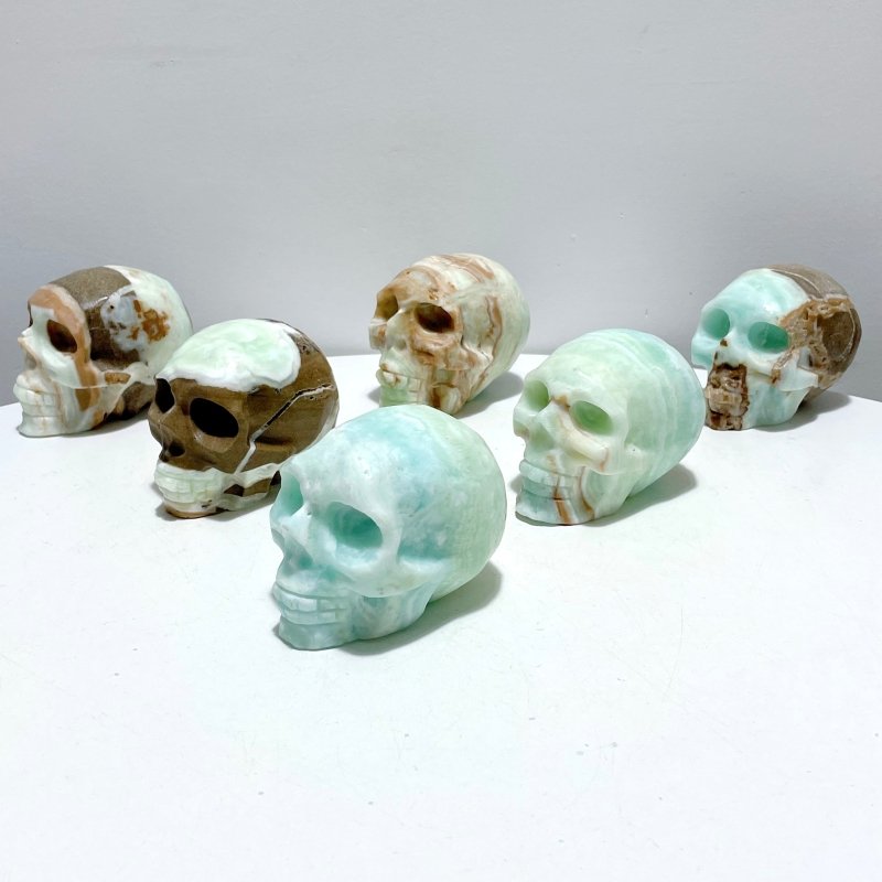 6 Pieces Unique Green Calcite Skull Carving - Wholesale Crystals