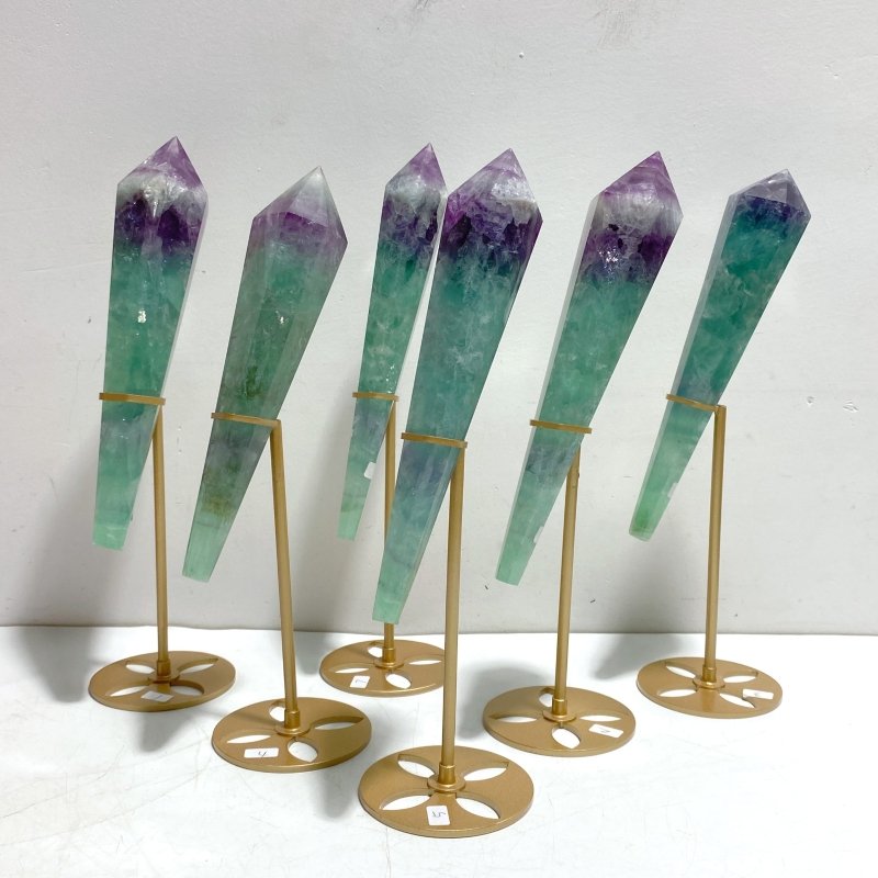 6 Pieces Watemelon Fluorite Magic Scepter Wand With Stand - Wholesale Crystals