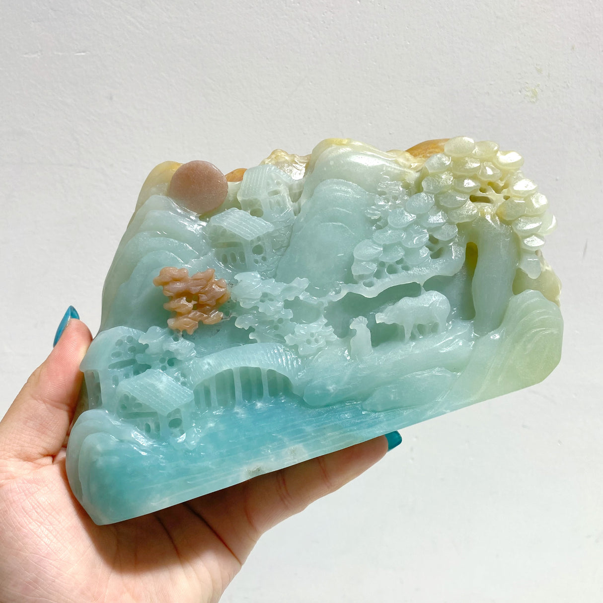 2 Pieces Beautiful Caribbean Calcite Landscape Pavilion Carving #10