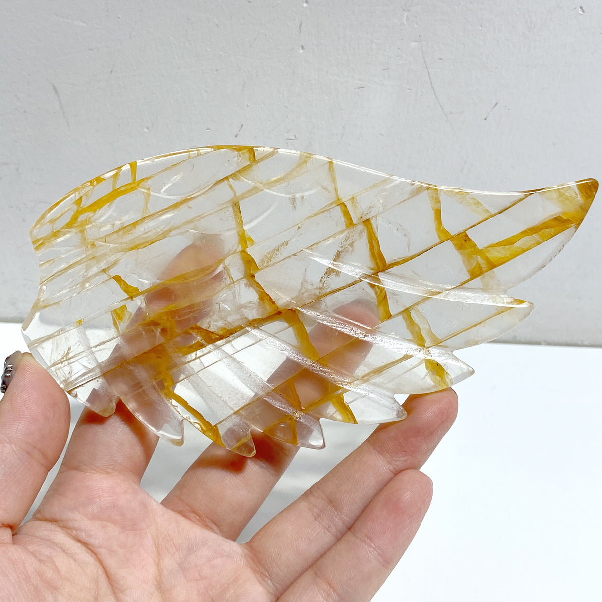 Golden Hematoid Quartz Heart Wing Carving With Stand Fire Quartz