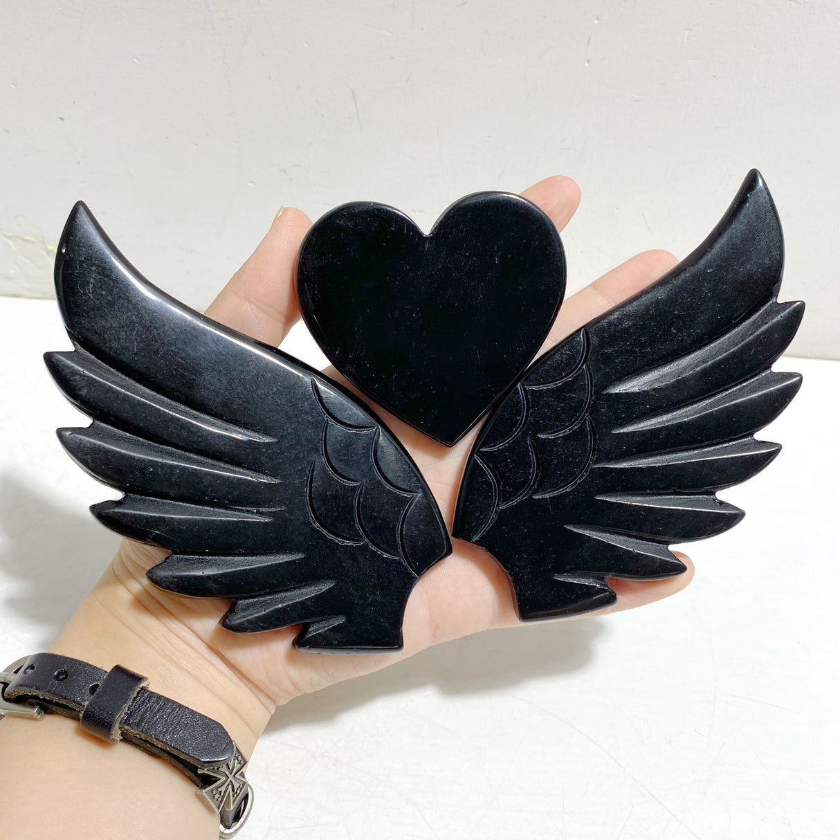 Black Obsidian Heart Wing Carving With Stand