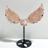 Pink Agate Heart Wing Carving With Stand