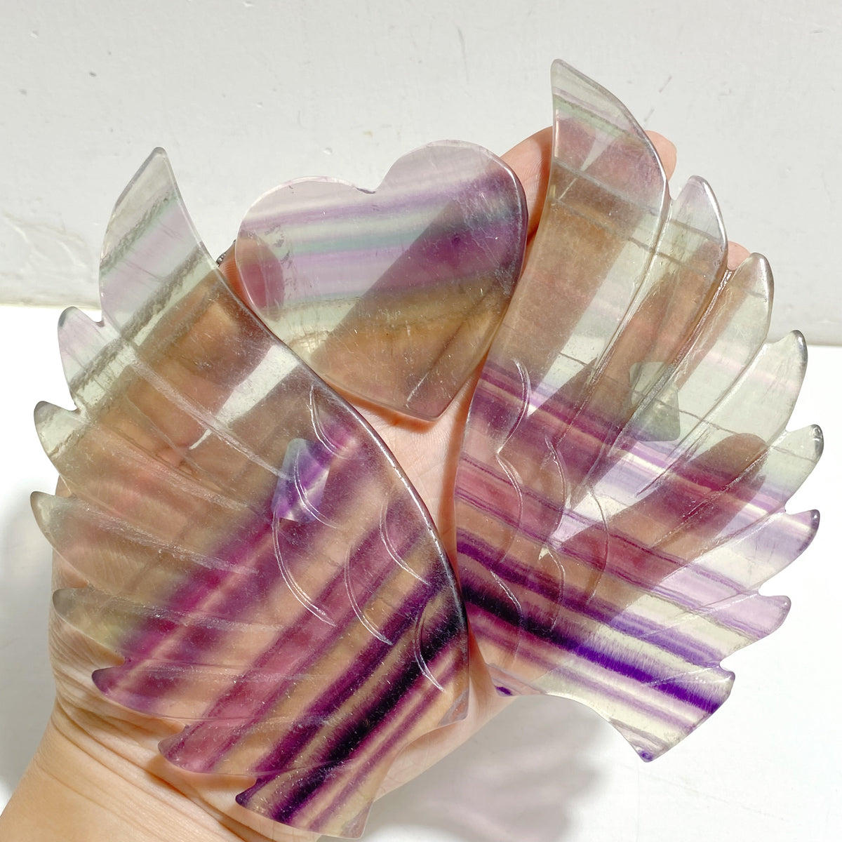 Unique Symmetrical Fluorite Heart Wing Carving With Stand