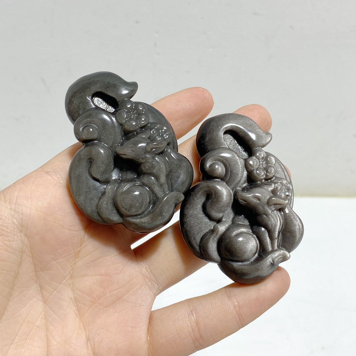 Silver Sheen Obsidian Nine-tailed Fox Carving Wholesale