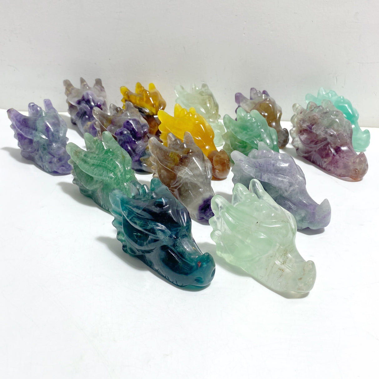 15 Pieces Rainbow Fluorite Dragon Head Carving