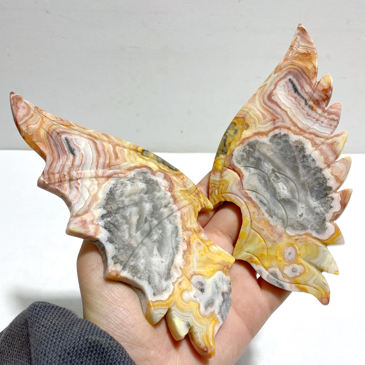 Unique Crazy Agate Demon And Angel Wing Carving With Stand