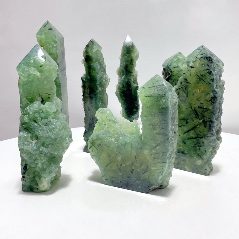 7 Pieces Large Natural Prehnite Tower Raw Side - Wholesale Crystals