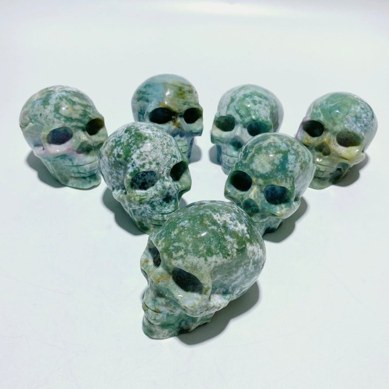7 Pieces Moss Agate Skull Carving - Wholesale Crystals