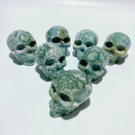 7 Pieces Moss Agate Skull Carving - Wholesale Crystals