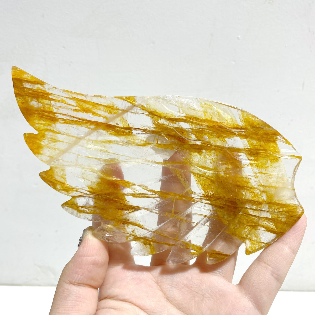 Golden Hematoid Quartz Heart Wing Carving With Stand Fire Quartz